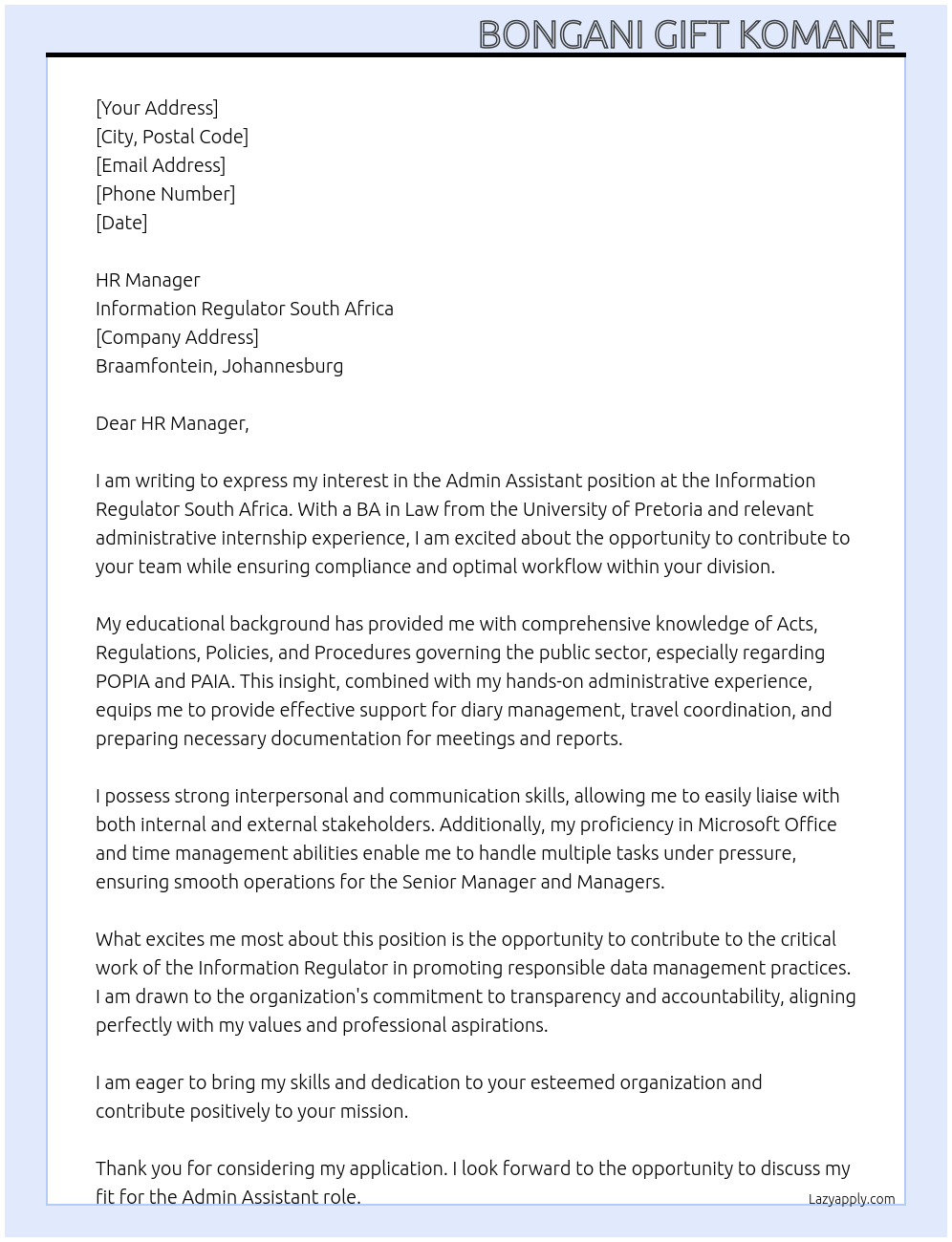 Admin Assistant At Information Regulator South Africa Cover Letter