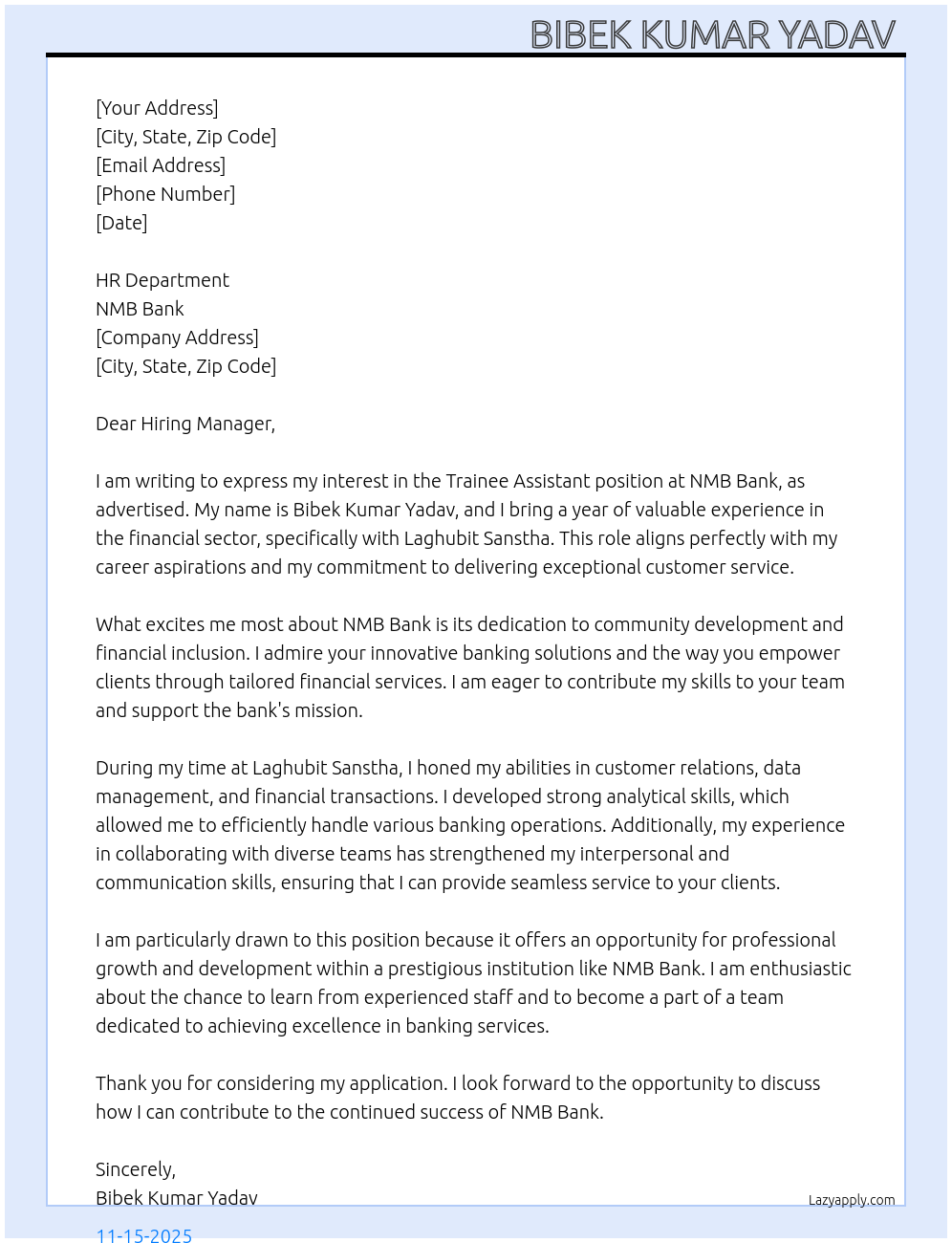 Trainee Assistant At NMB Bank Cover Letter