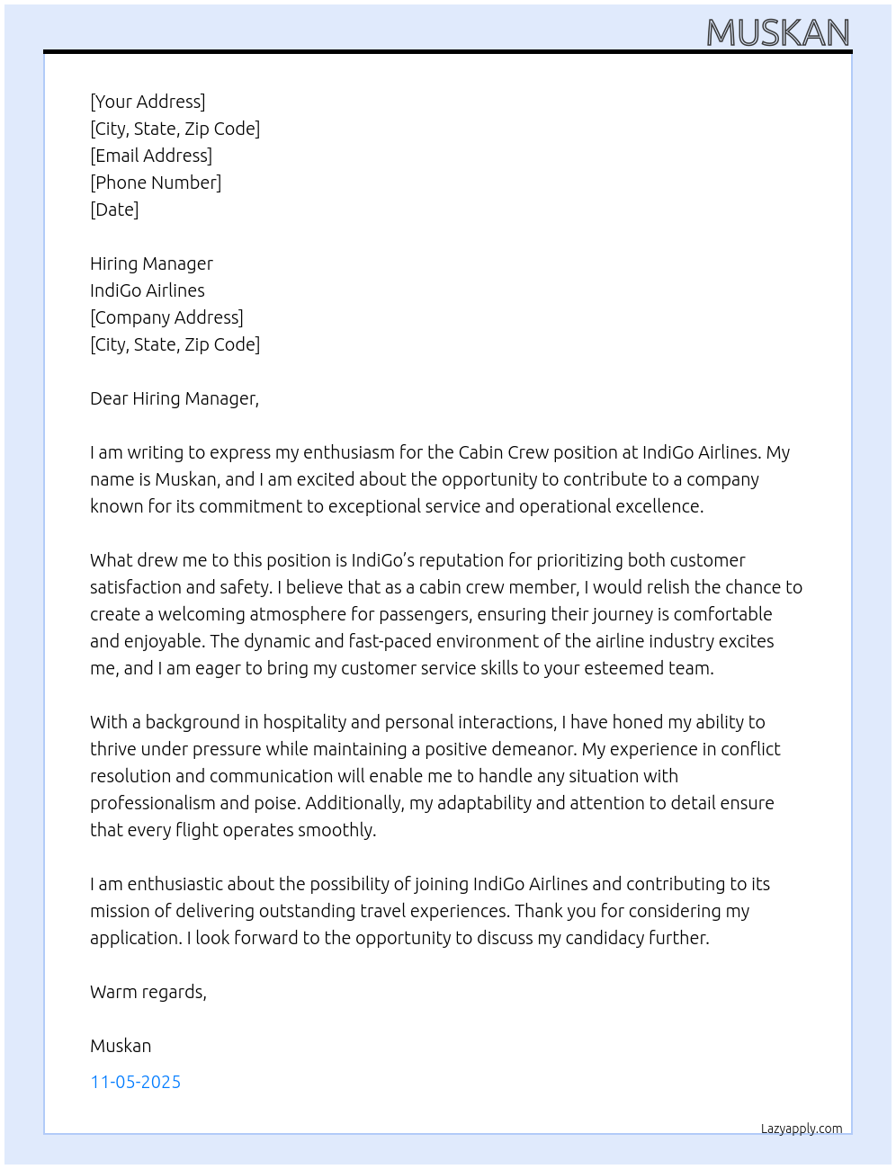 cabin crew At indigo Cover Letter