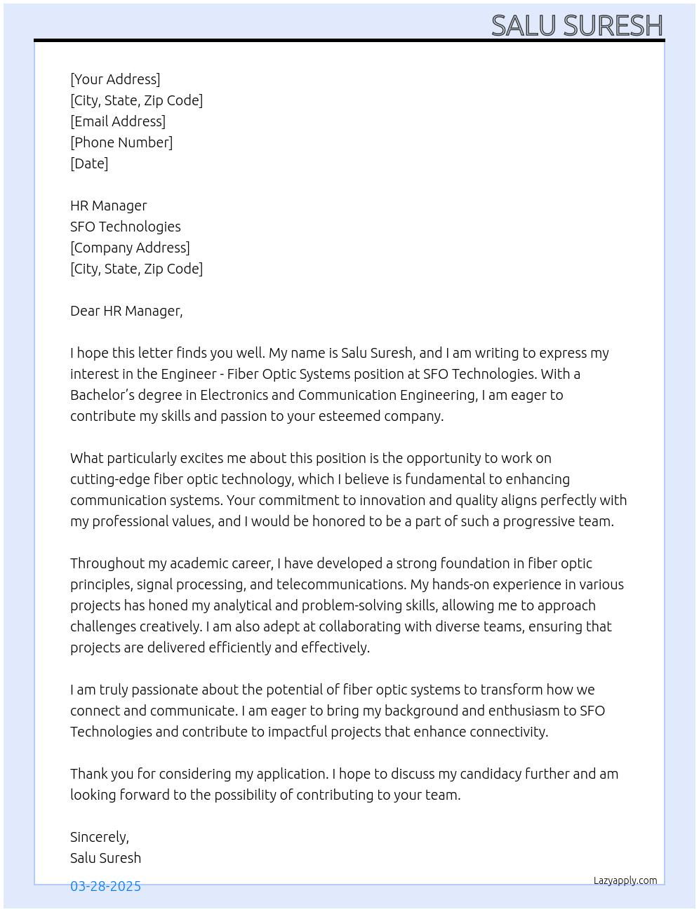Cover letter for engineer - fiber optic systems - LazyApply