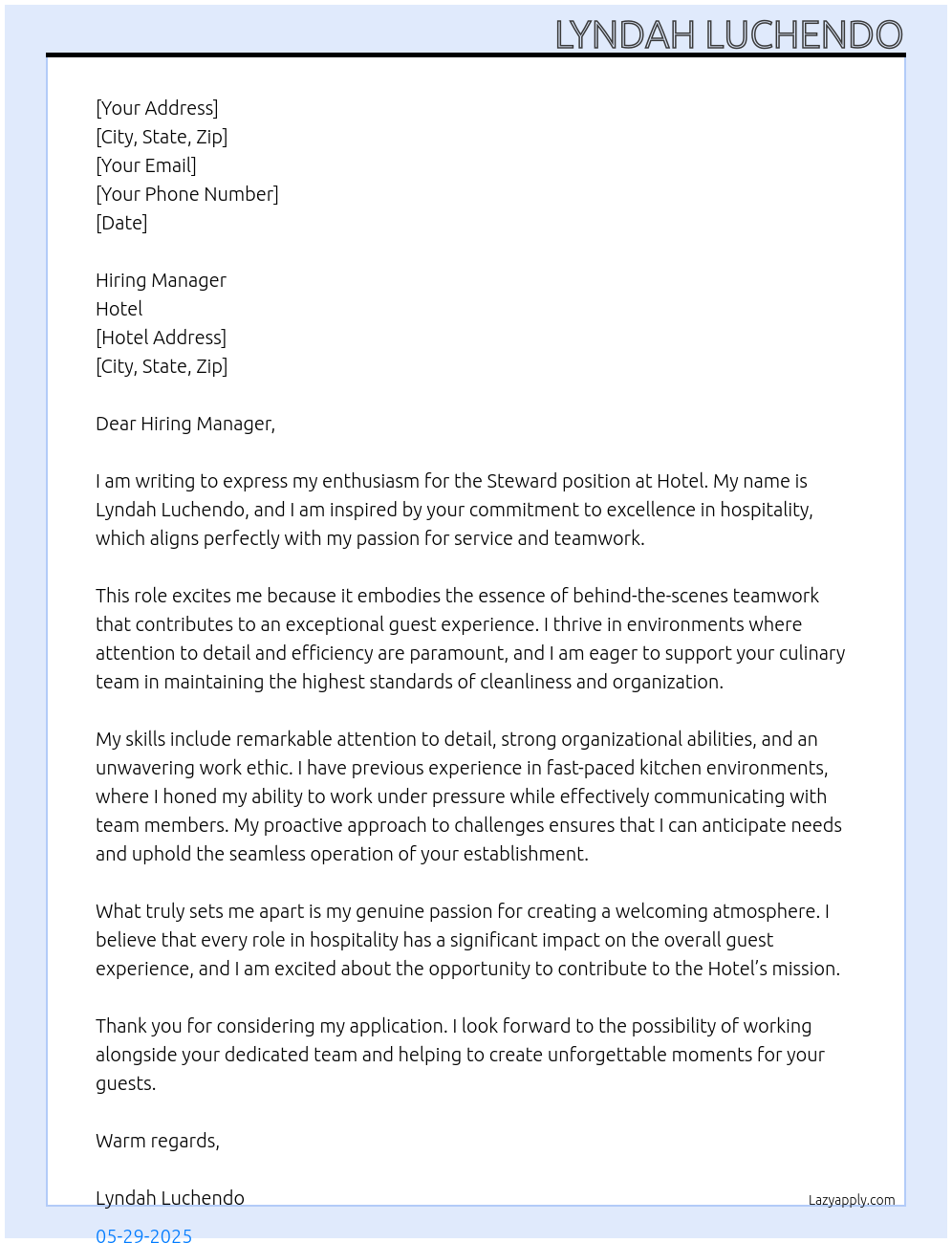 Steward At Hotel Cover Letter