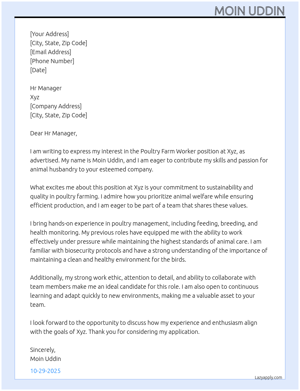 Poultry farm worker  At Xyz Cover Letter