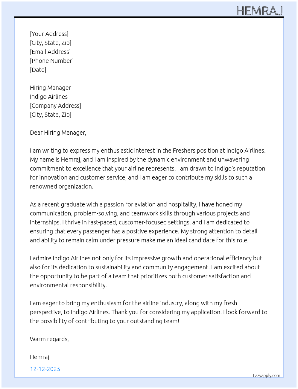 Cover letter for freshers - LazyApply