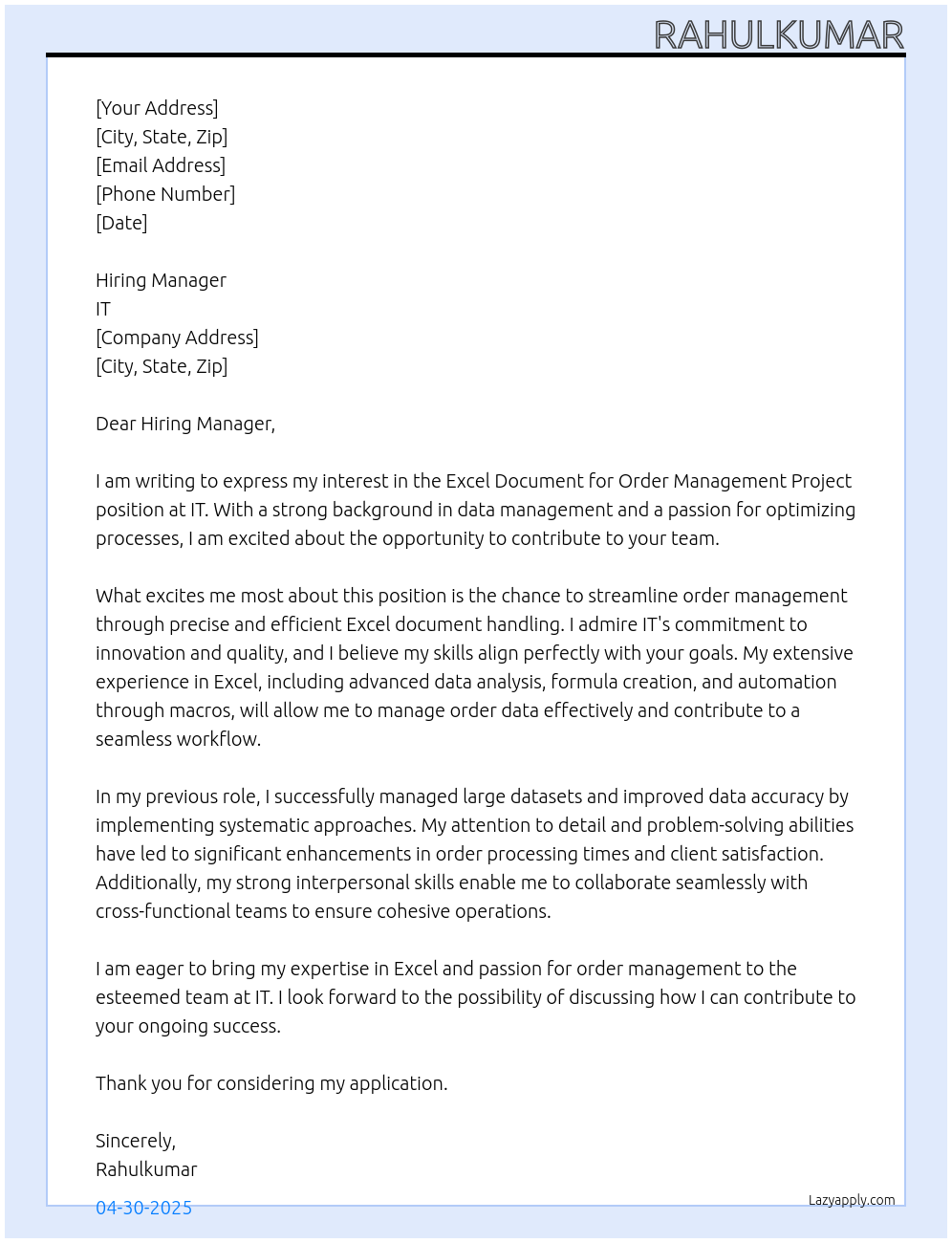 Cover letter for excel document for order management project - LazyApply