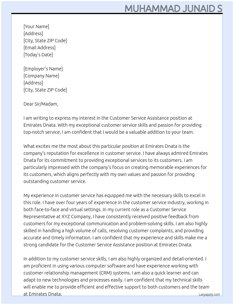 Customer service assistance At Emirates Dnata Cover Letter