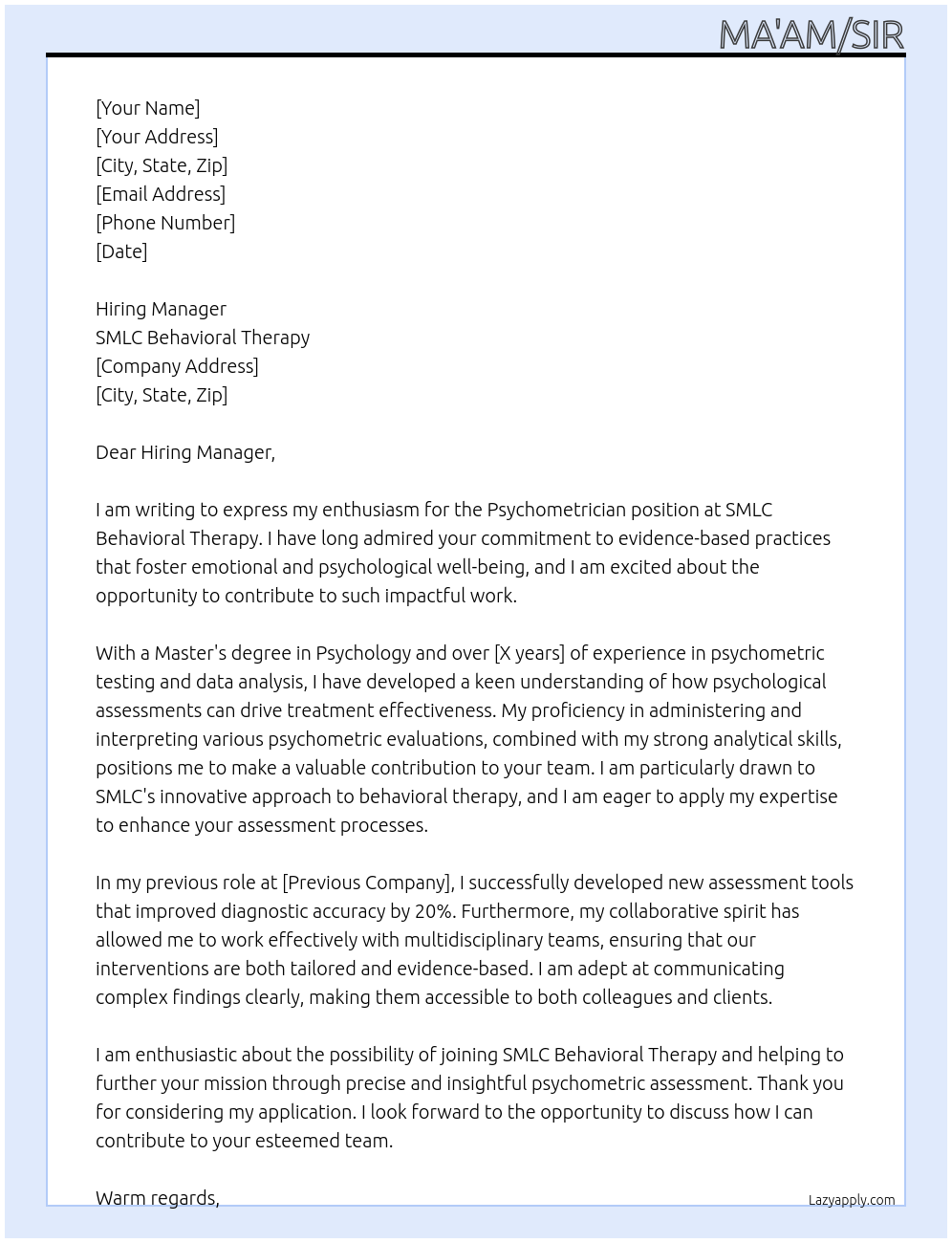 Cover letter for psychometrician - LazyApply