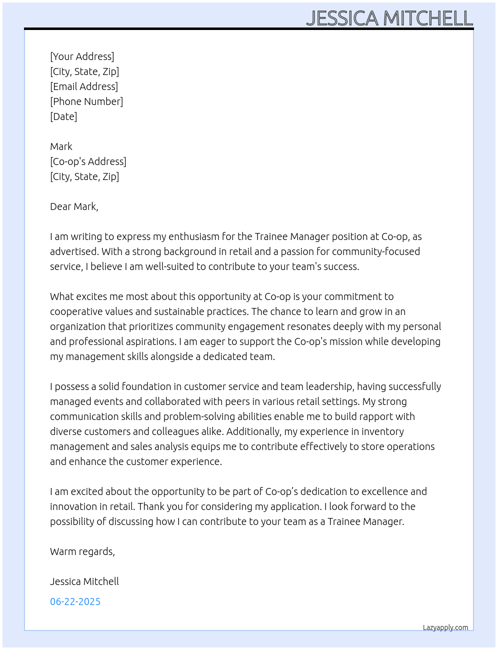 Cover letter for trainee manager - LazyApply