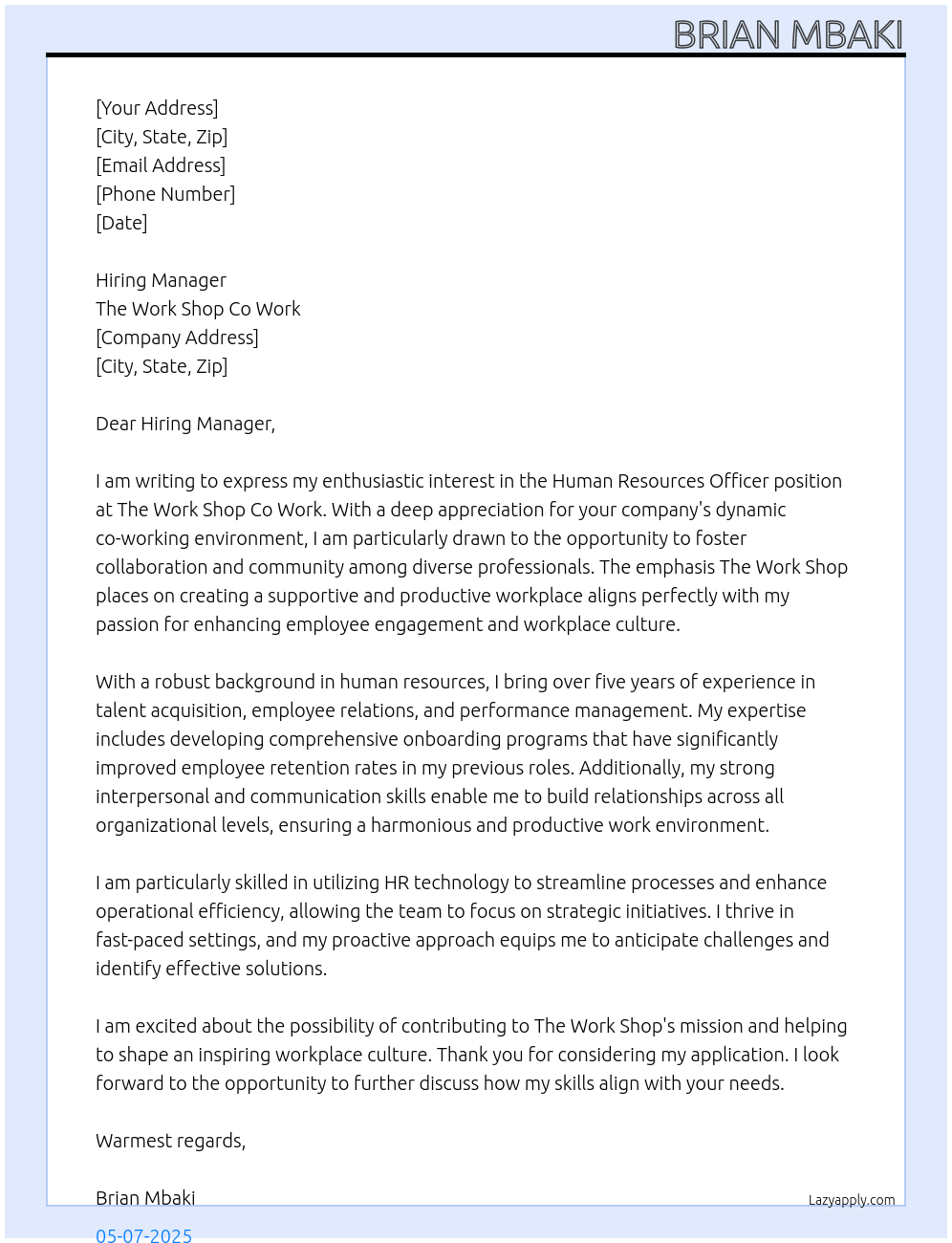 Human Resources Officer At The Work Shop Co Work Cover Letter