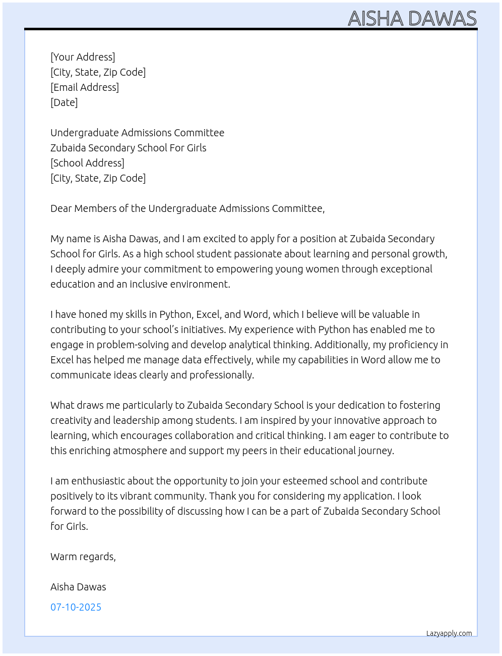 Cover letter for high school student - LazyApply
