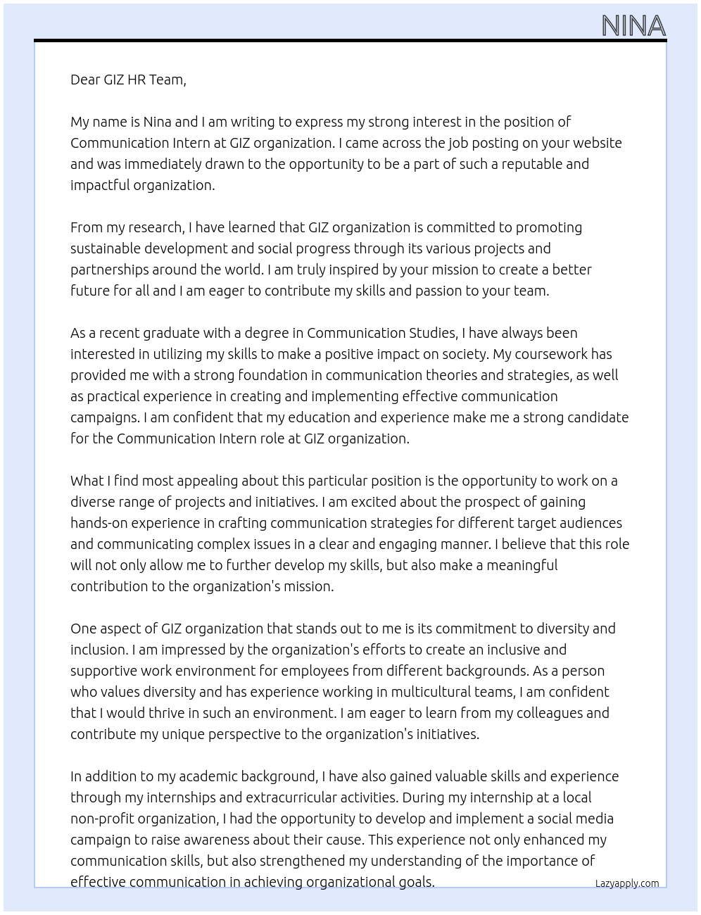 Communication Intern At GIZ organization Cover Letter