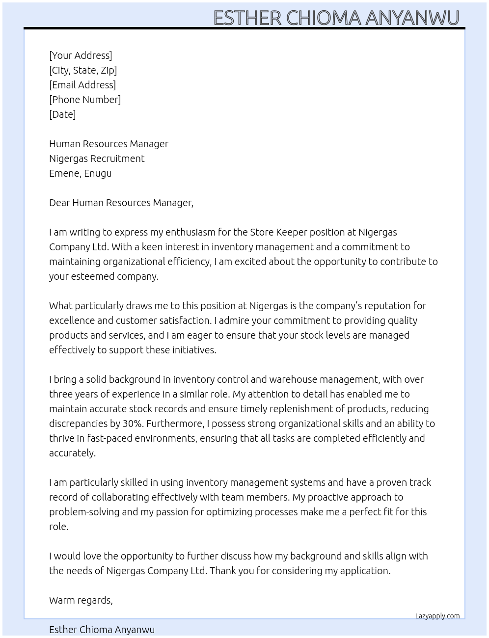 Store keeper At Nigergas Company Ltd Cover Letter