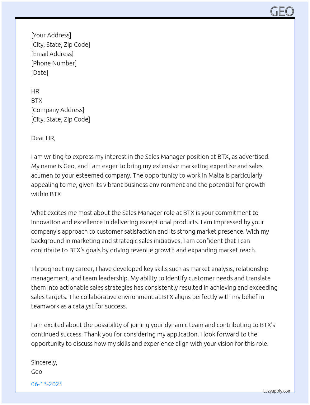 Sales manager At btx Cover Letter