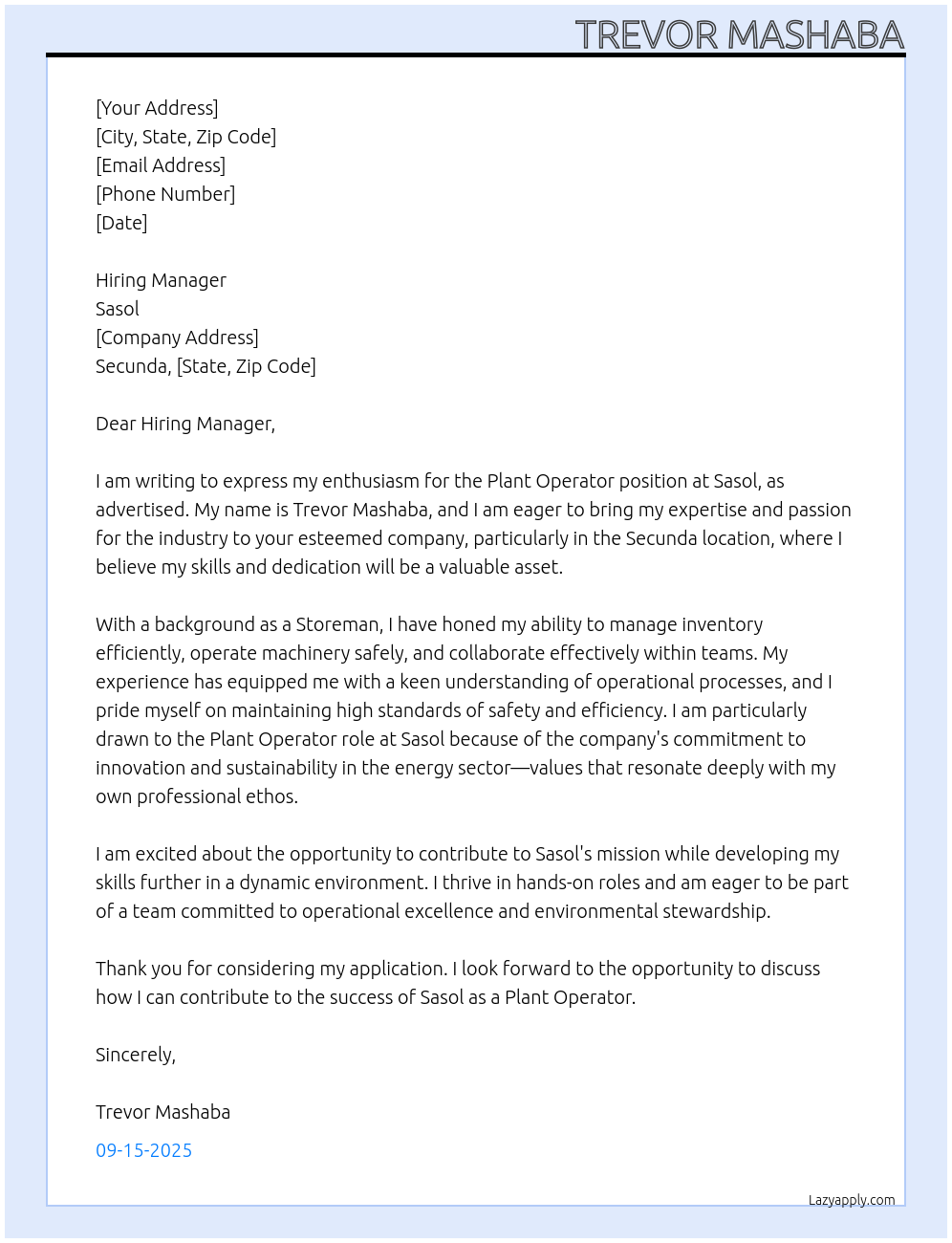 Cover letter for plant operator - LazyApply