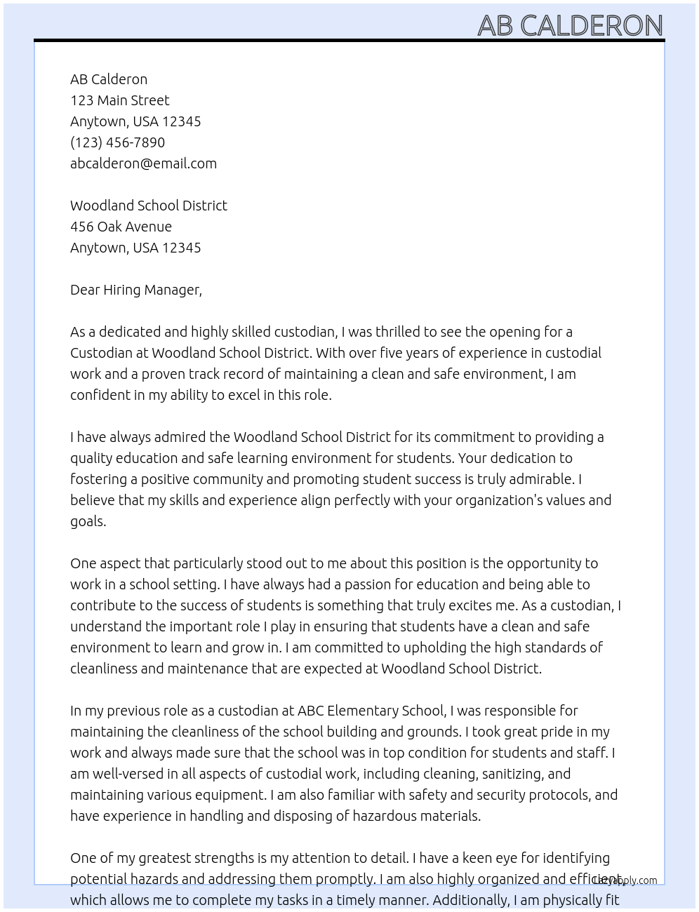 Custodian At Woodland School District Cover Letter