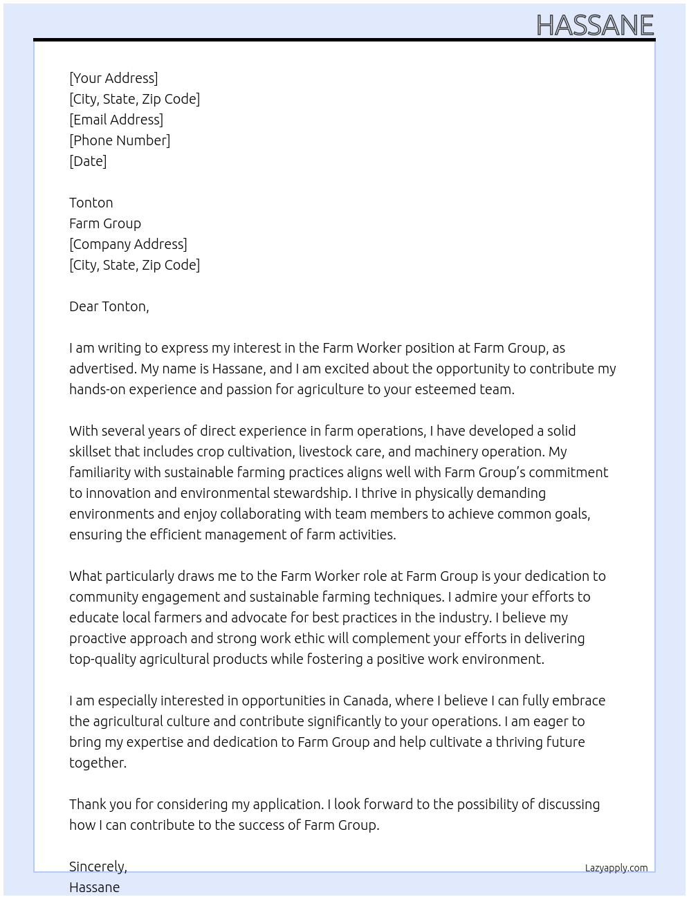 FARM WORKER At FARM GROUP Cover Letter