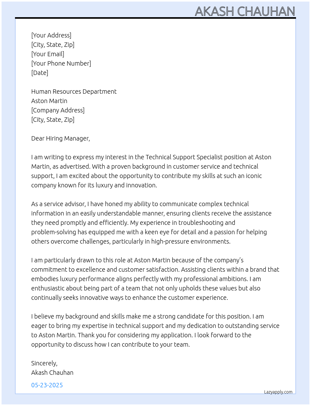 Technical Support Specialist At aston martin Cover Letter