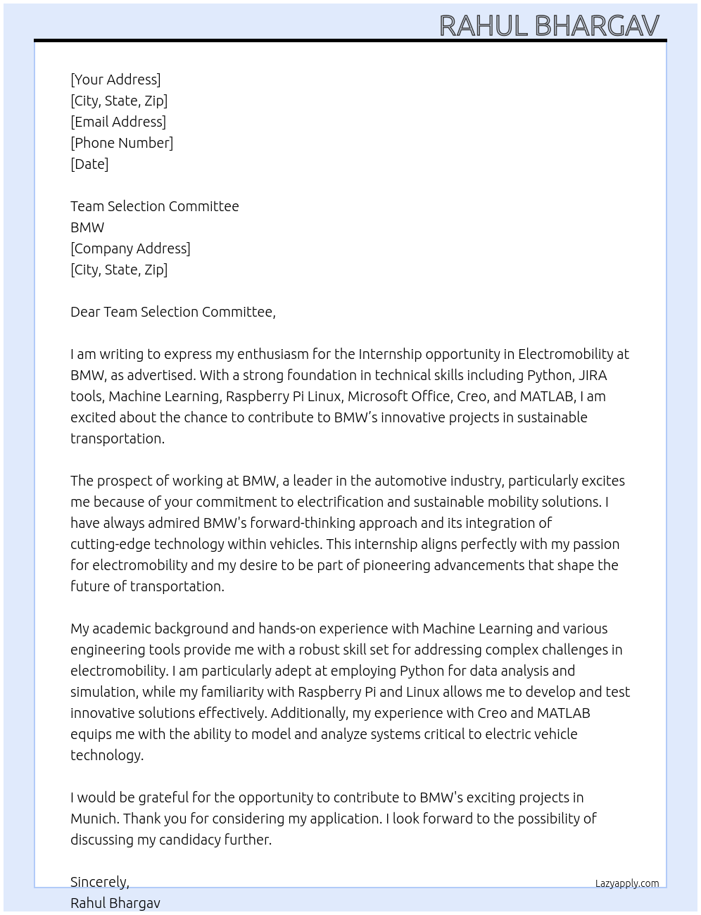 Internship for Electromobility At BMW  Cover Letter