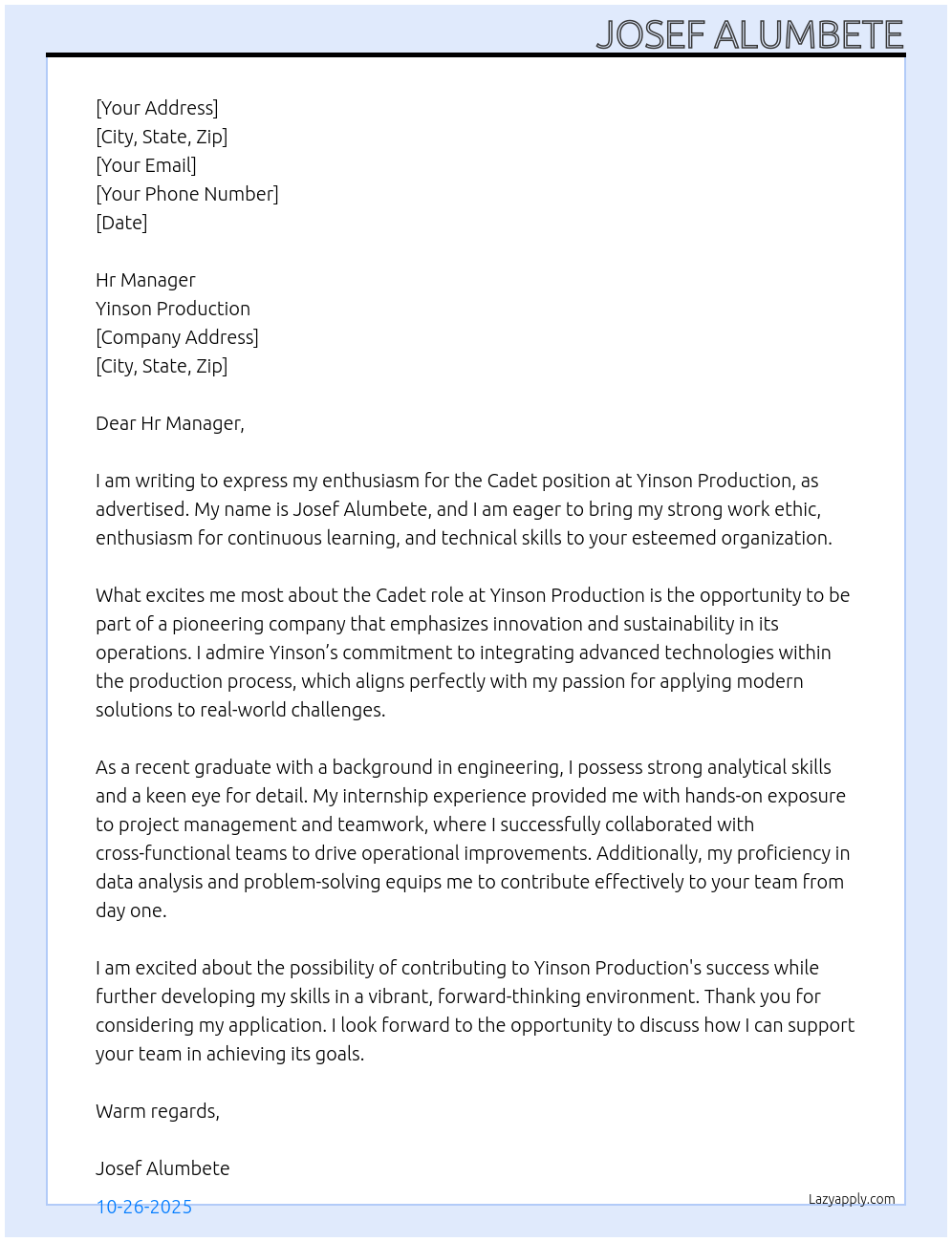 Cadet At Yinson production Cover Letter