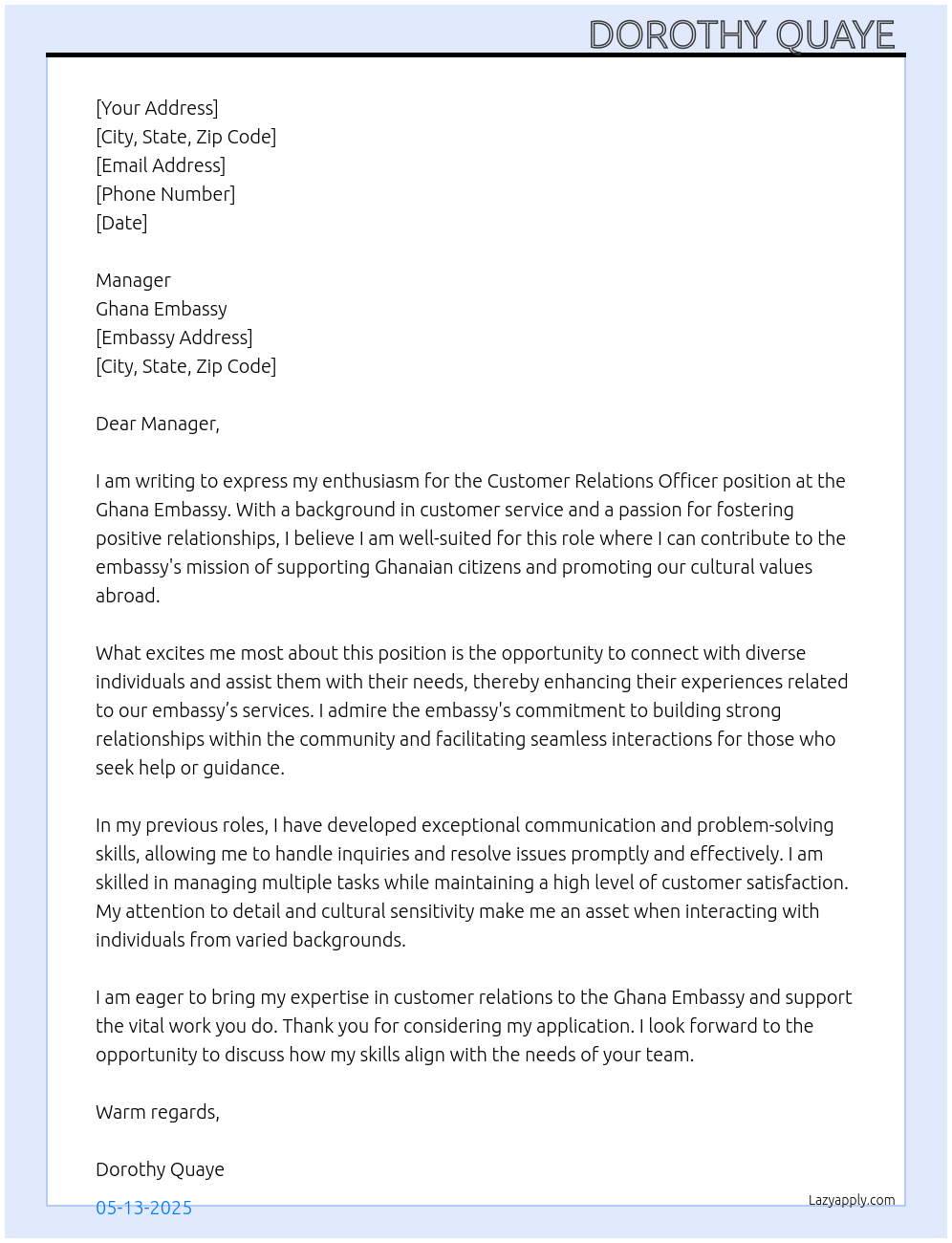 Customer Relations Officer At Ghana Embassy Cover Letter