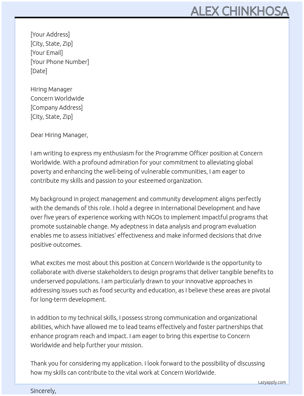 programme officer At concern worldwide Cover Letter