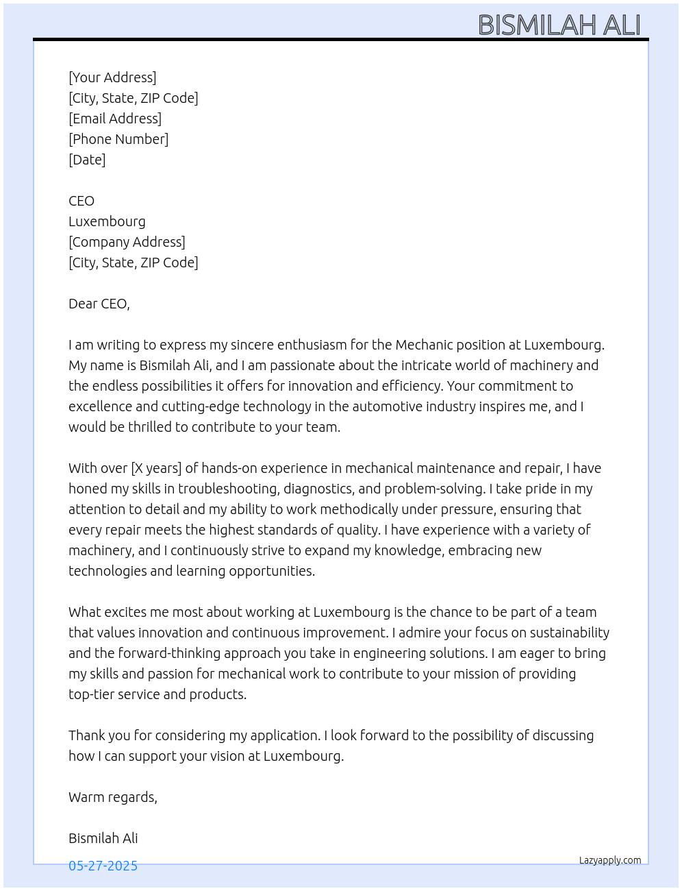 Cover letter for mechanic - LazyApply