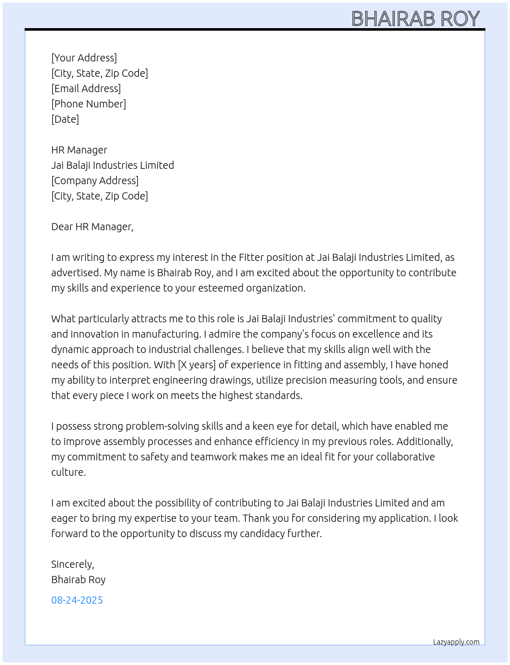 Fitter At Jai Balaji industried limited Cover Letter