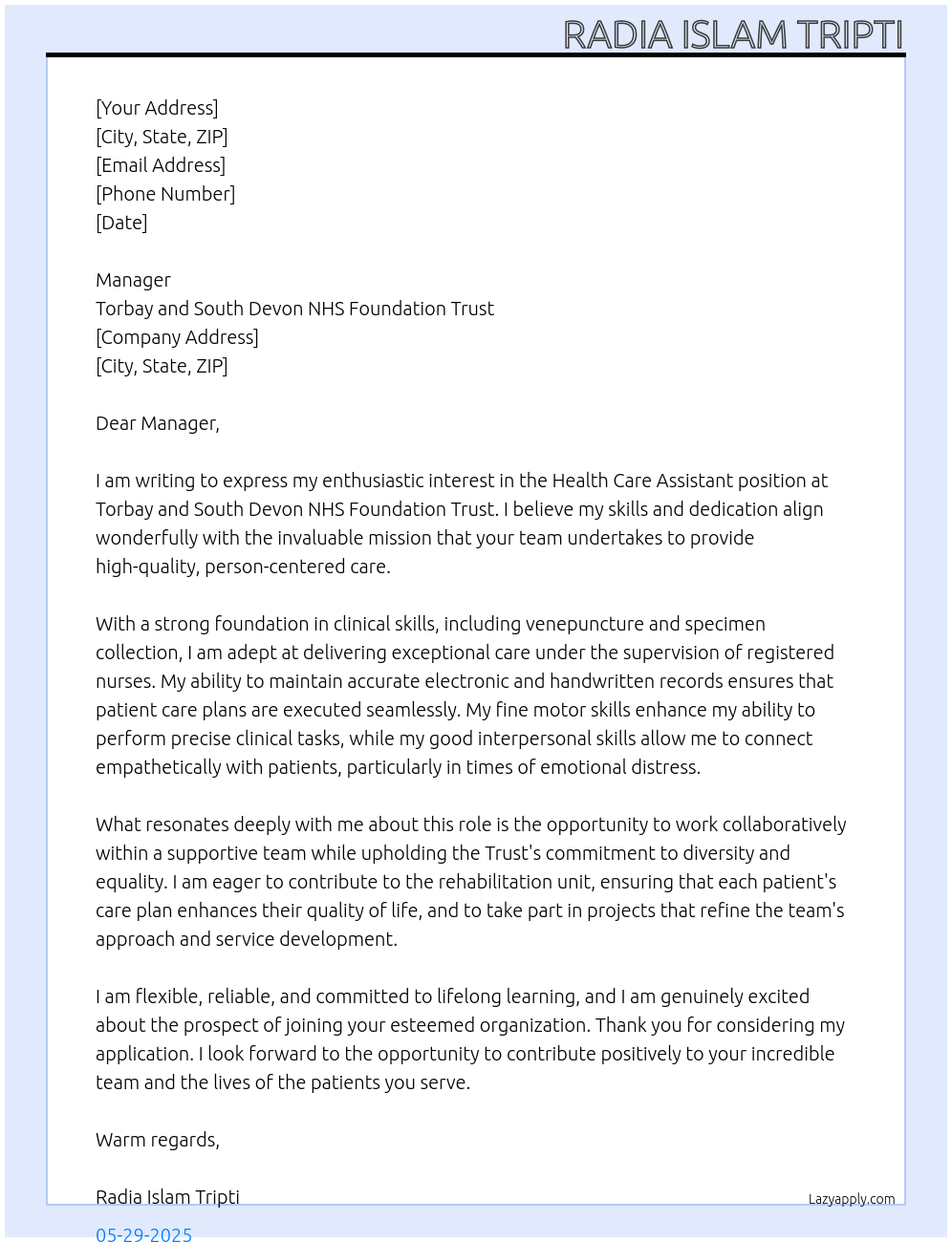 Health care assistant  At Torbay and South Devin NHS Foundation Trust  Cover Letter