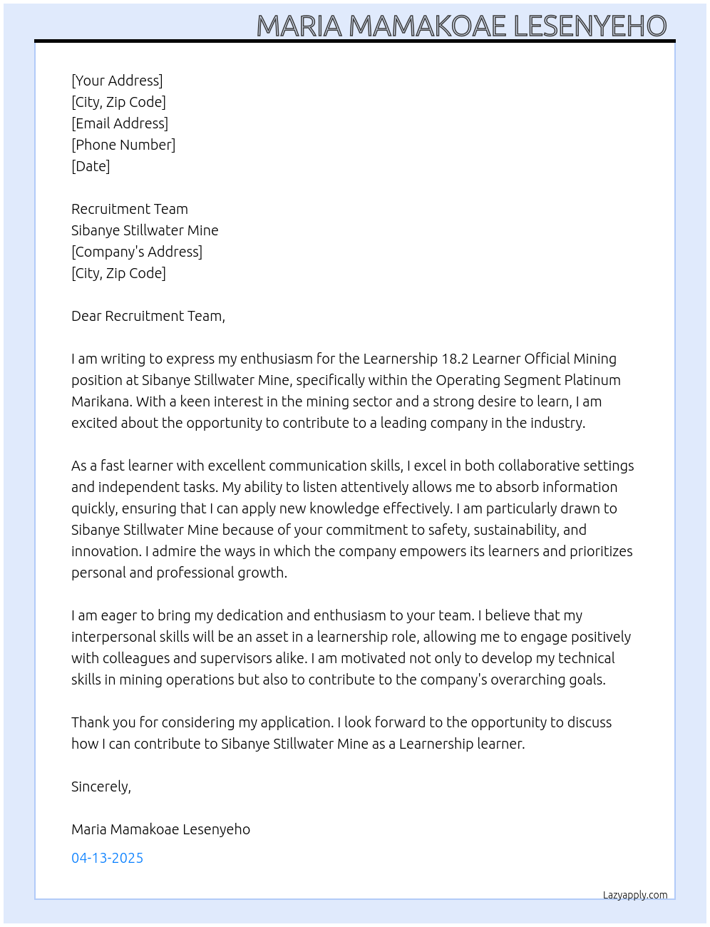 Learnership 18.2 Learner Official Mining At Sibanye stillwater mine Cover Letter