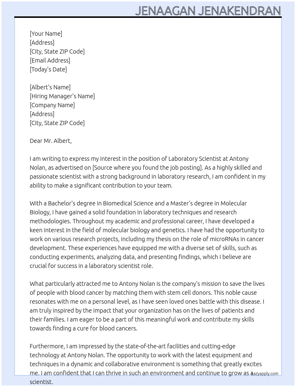 Laboratory Scientist At Antony Nolan Cover Letter