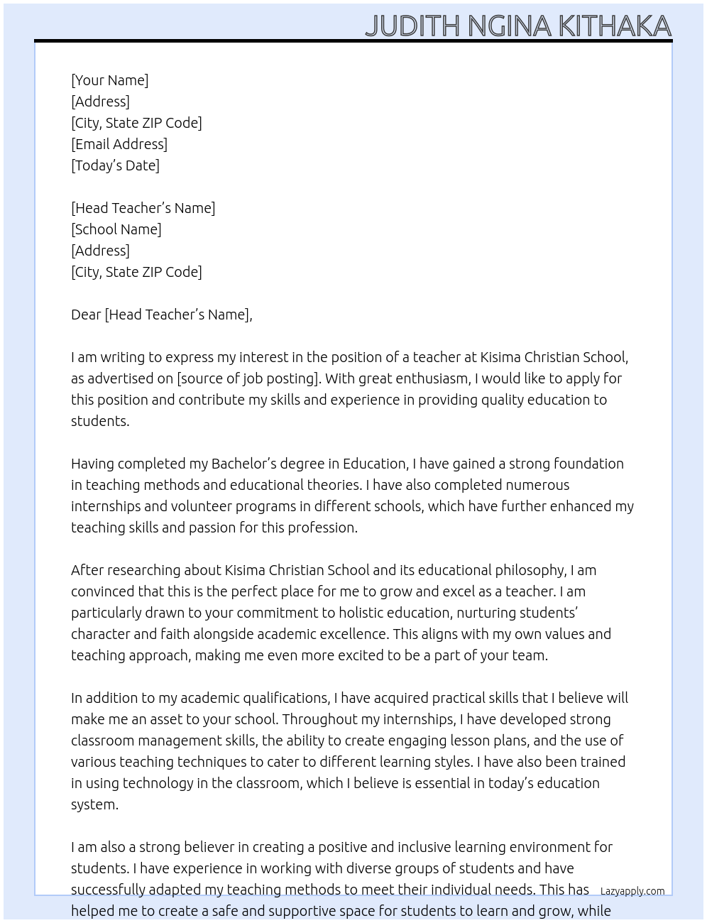 teacher At Kisima christian school Cover Letter