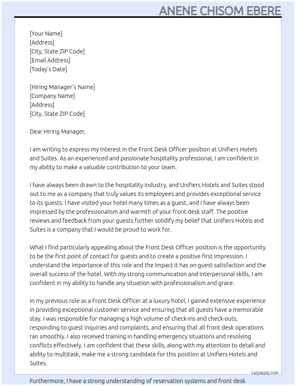 Front Desk Officer At Unifiers Hotels and Suites Cover Letter