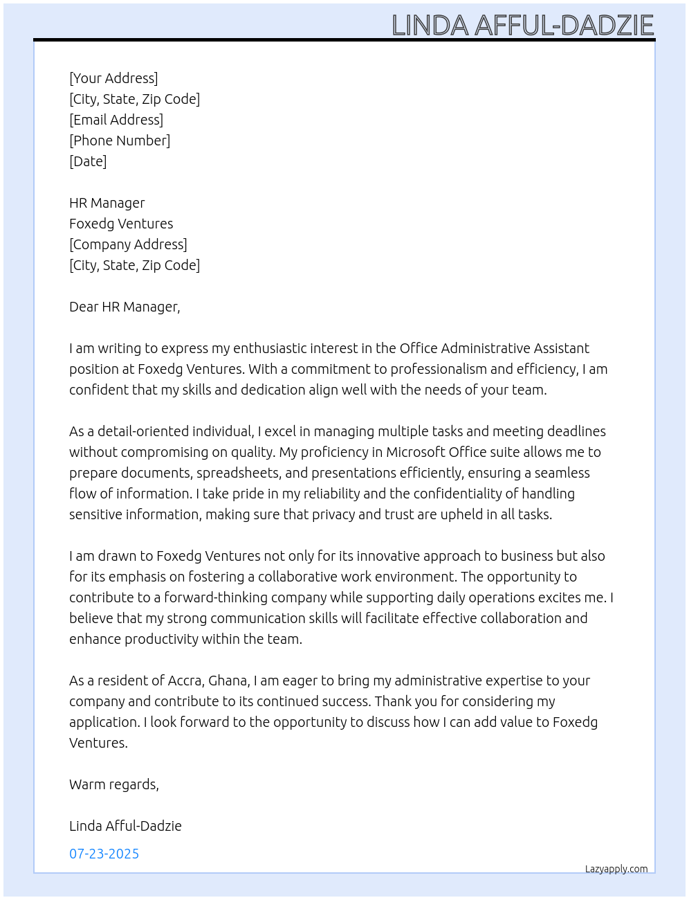 Cover letter for office administrative assistant - LazyApply