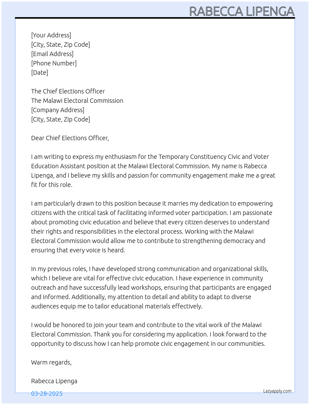 Temporary Constituency Civic and Voter Education Assistants  At The Malawi Electoral Commission Cover Letter