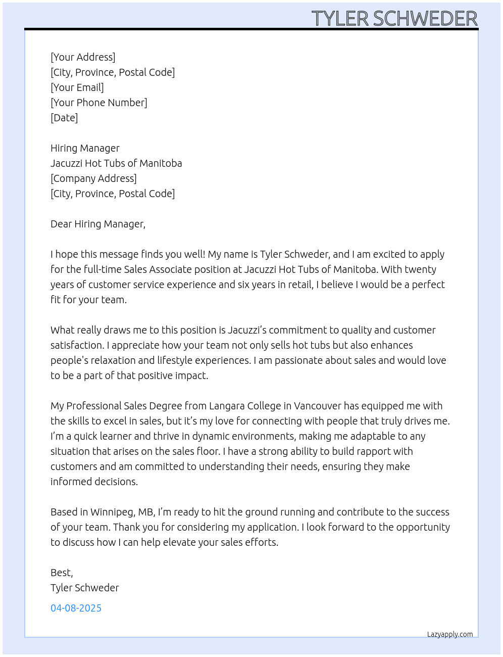 Sales Associate At Jacuzzi Hot Tubs of Manitoba Cover Letter