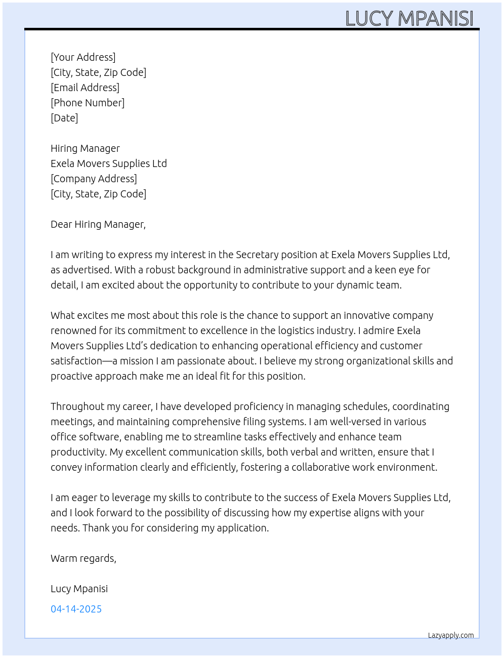 Secretary At Exela movers supplies ltd Cover Letter