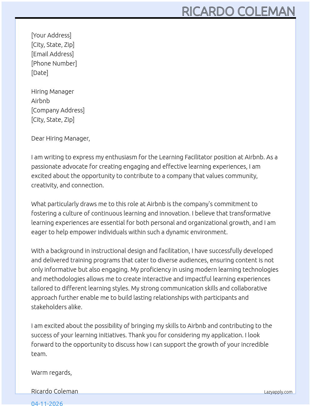 Learning Facilitator  At Airbnb Cover Letter