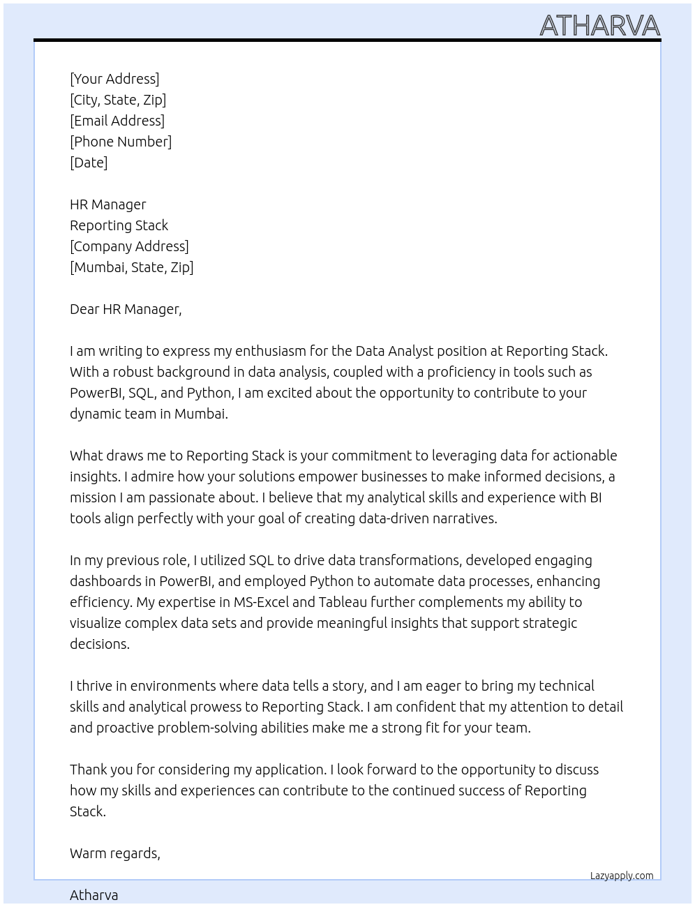 Data Analyst At Reporting Stack Cover Letter