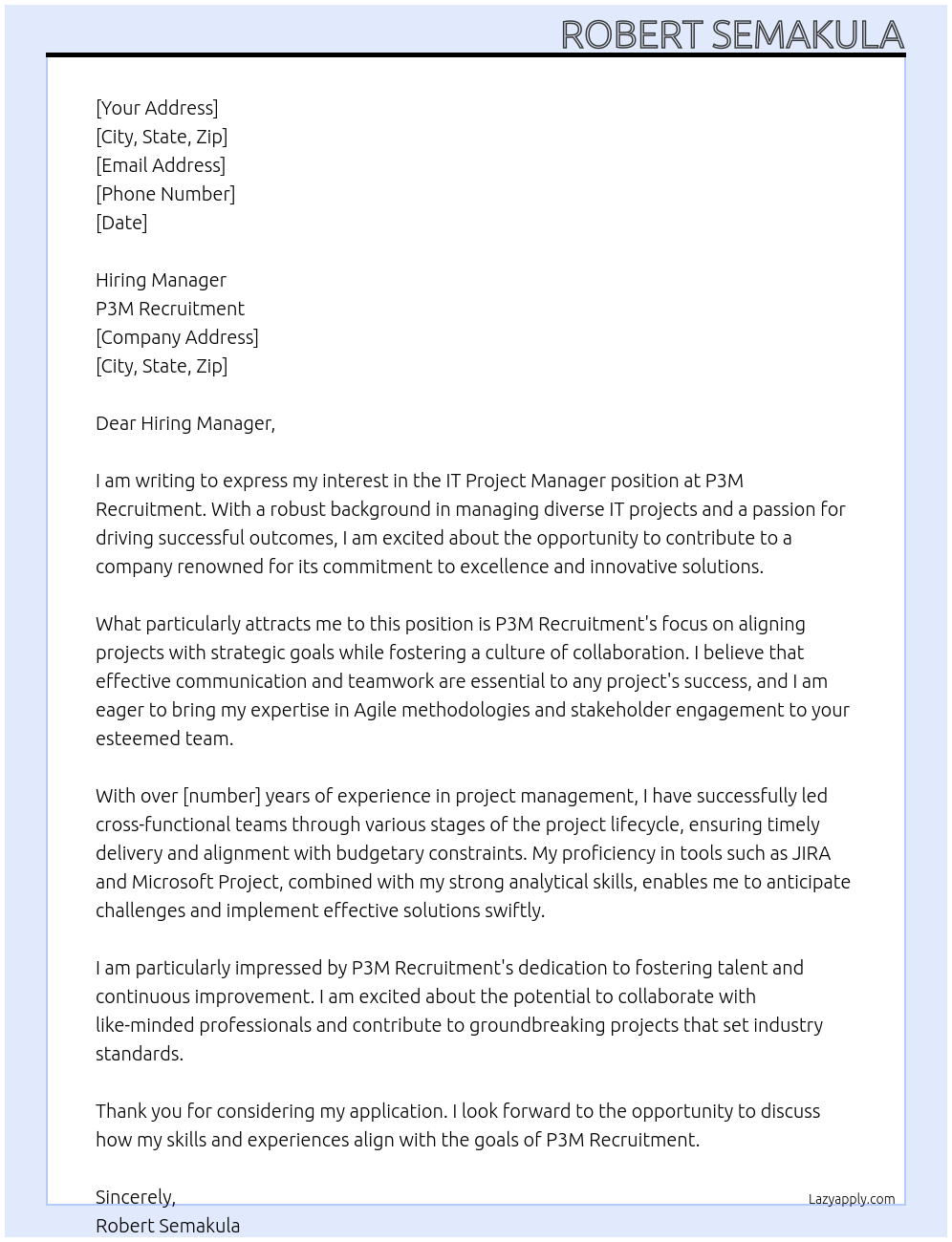IT Project Manager At P3M Recruitment Cover Letter