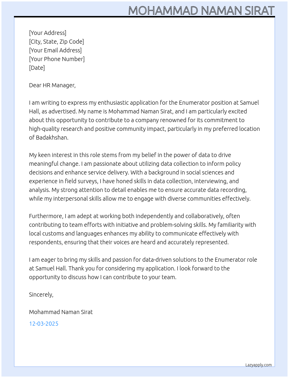 Cover letter for enumerator - LazyApply