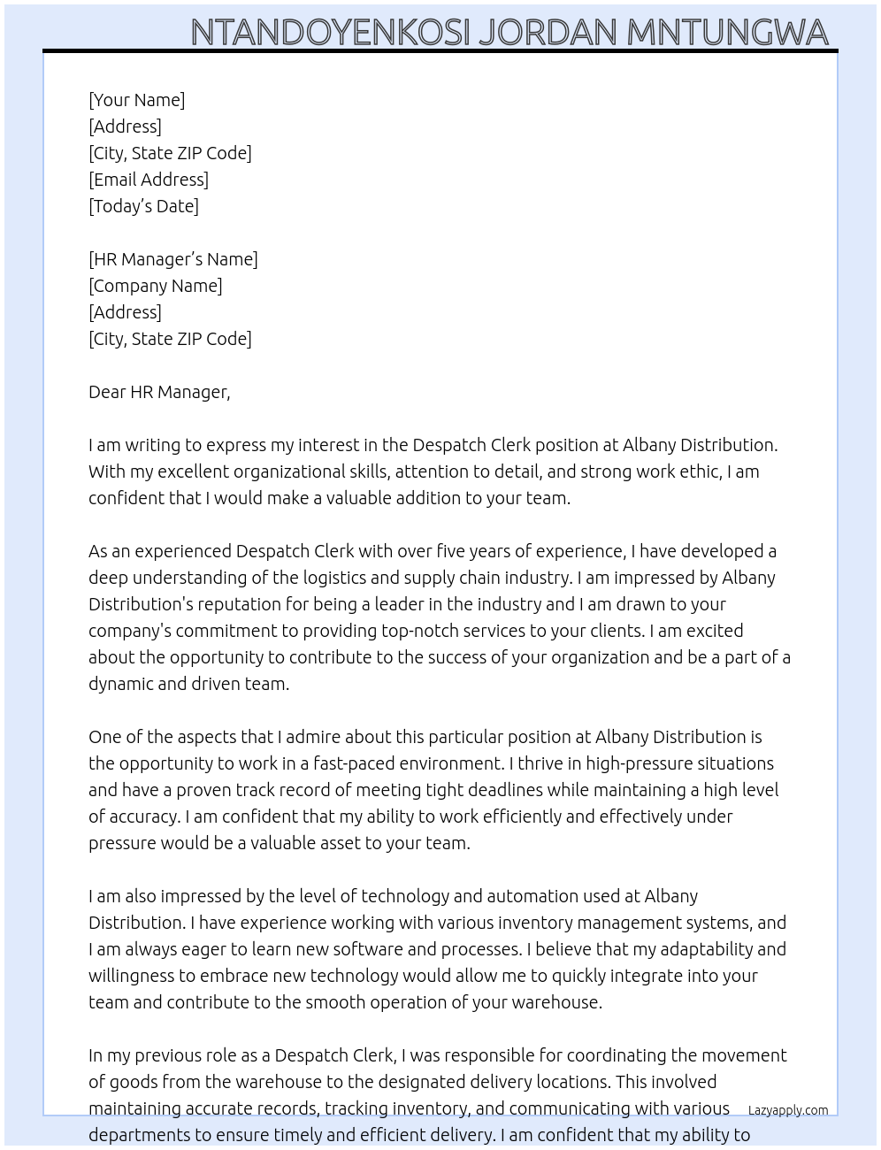 Despatch clerk  At Albany distribution  Cover Letter