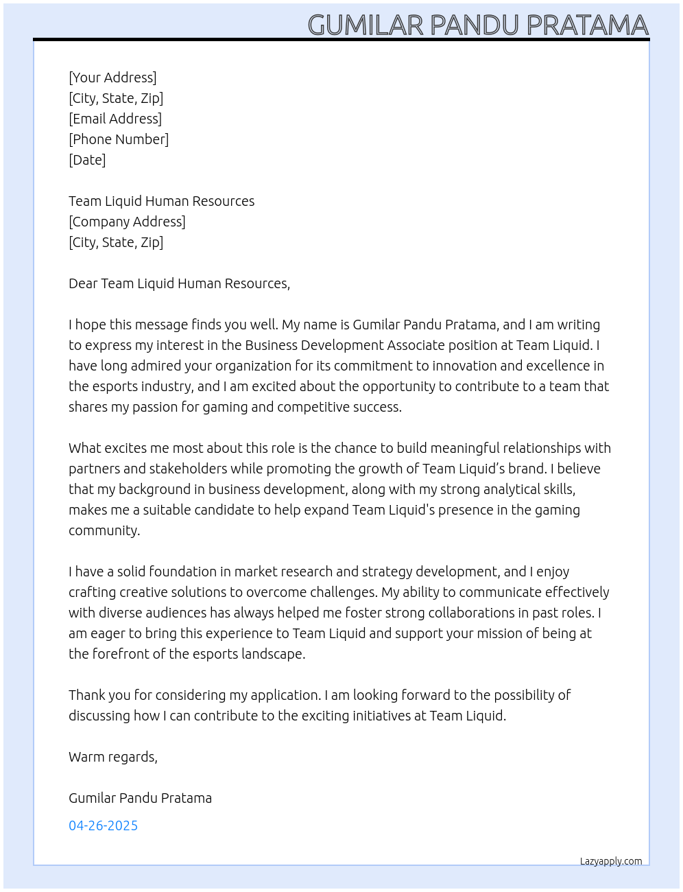 Business Development Associate At Team Liquid Cover Letter