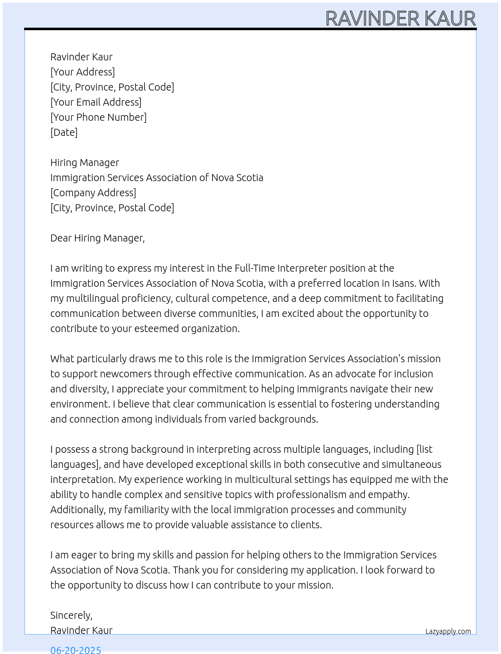 Interpreter At Immigration services association of Nova Scotia Cover Letter