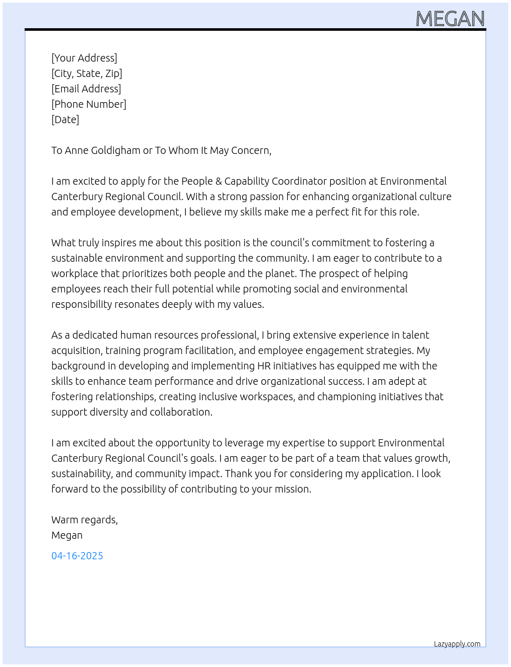 People & Capability Coodiator At Environmental Canterbury Regional Counck Cover Letter