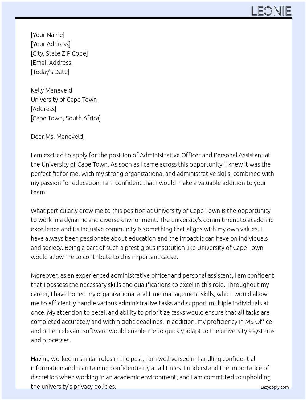 Cover letter for administrative officer & personal assistant - LazyApply