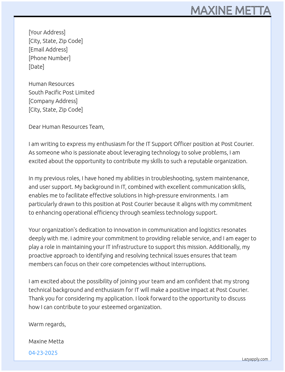 IT Support Officer At Post Courier Cover Letter