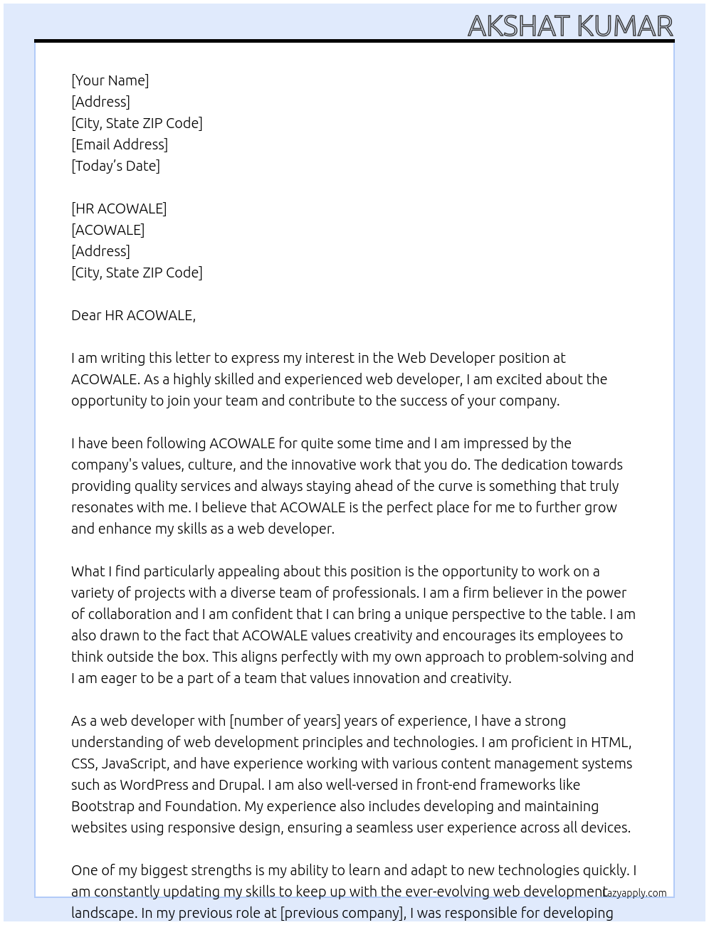 WEB DEVELOPER At ACOWALE Cover Letter