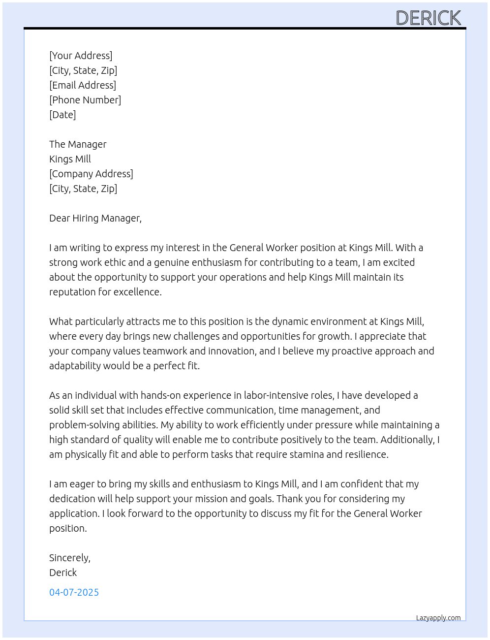 General worker At Kings mill Cover Letter