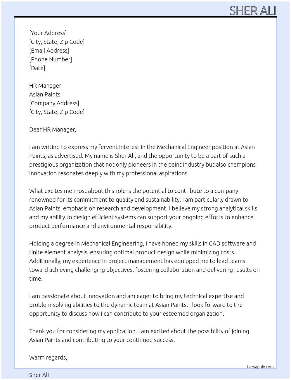 Mechanical Engineer At Asian paints Cover Letter