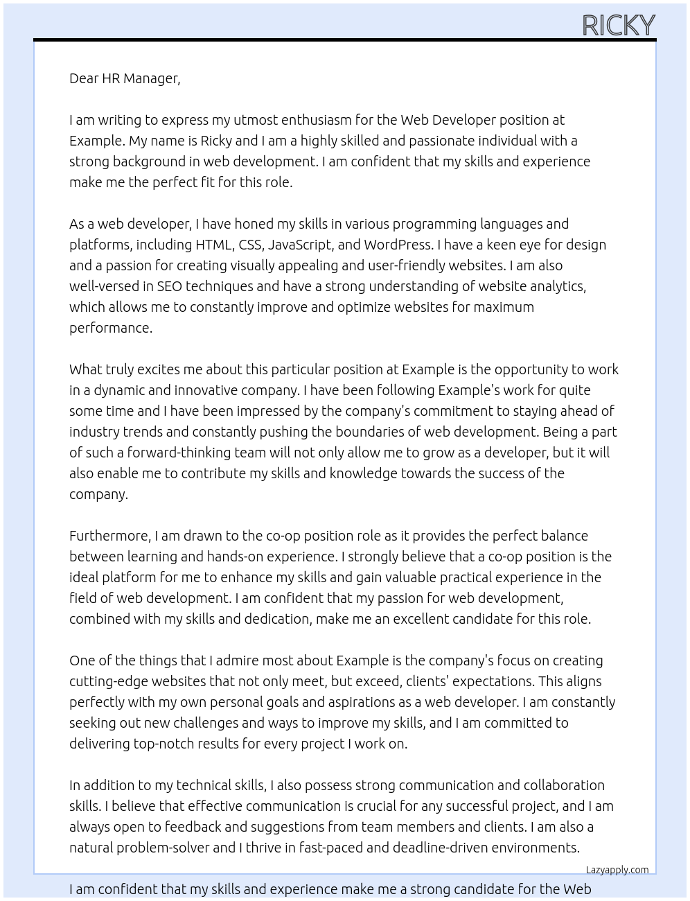 Web Developer At example Cover Letter