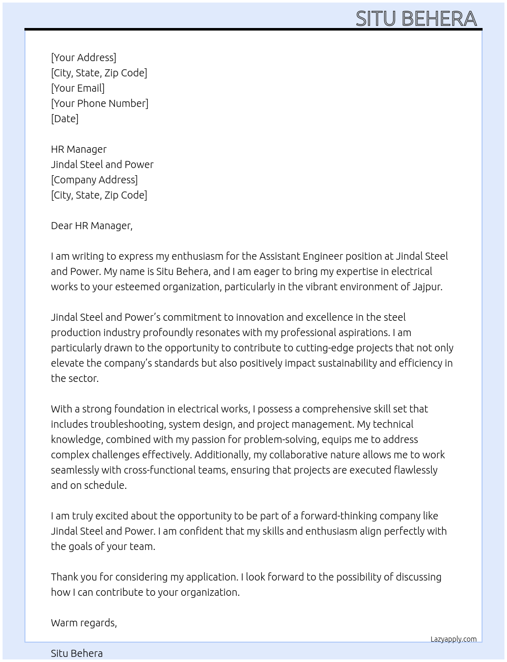 Assistant Engineer At Jindal Steel and Power Cover Letter